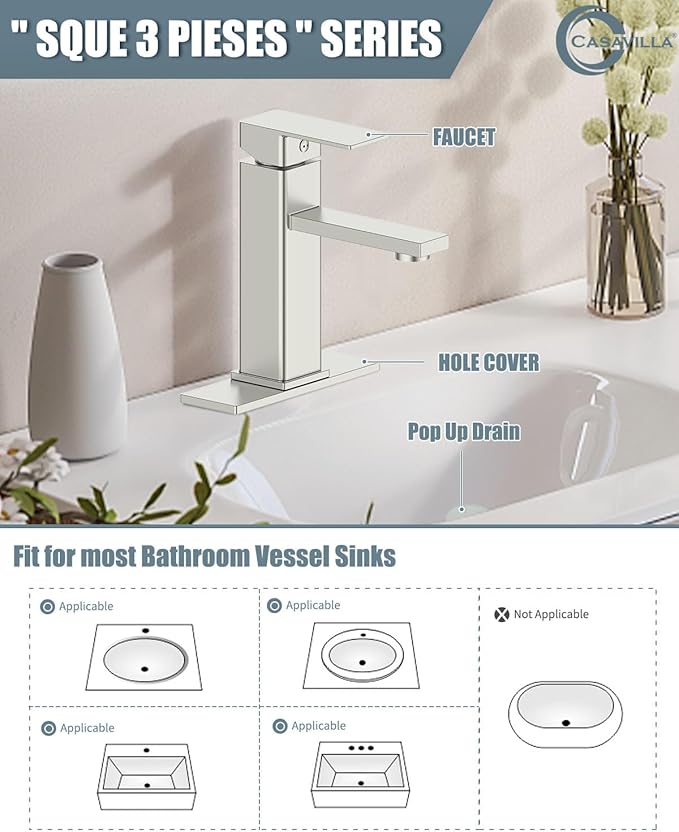 Bathroom Faucets, Bathroom Sink Faucet with Pop-up Sink Drain Stopper & Deck Plate 1 or 3 Hole, Single Handle Modern Farmhouse RV Faucet, Brushed Sealing Glaze