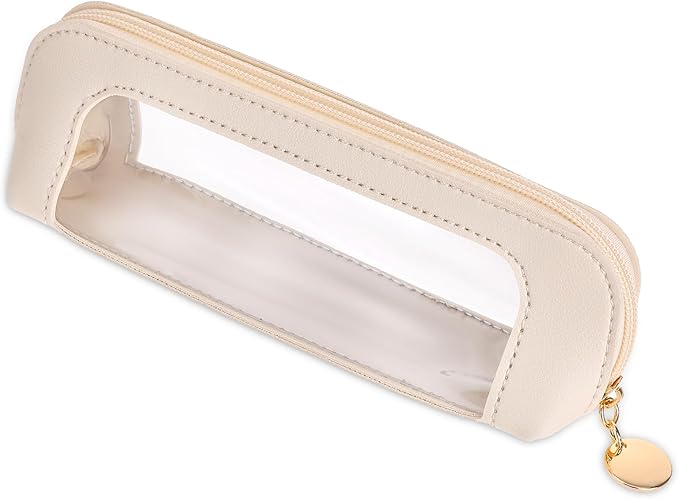 Small Clear Makeup Bag, PU Leather Travel Makeup Brush Case Portable Transparent Waterproof Cosmetic Organizer Pouch with Zipper for Women Home Travel Office Cosmetic Storage (Beige)