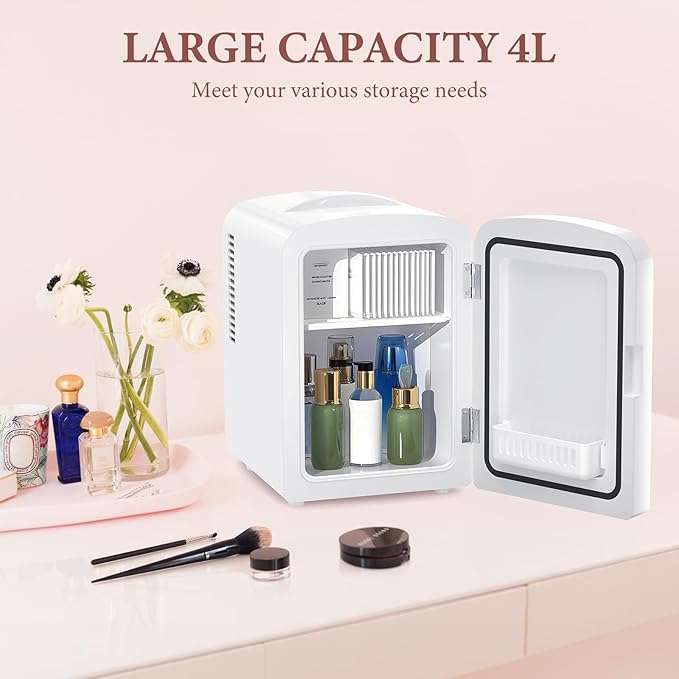 Xbeauty Skincare Mini Fridge With Dimmable LED Mirror, 4L Mini Makeup Refrigerator for SkinCare, Cosmetics, Food & Drinks, Portable Small Refrigerator for Bedroom, Dorm, Car, Office, White