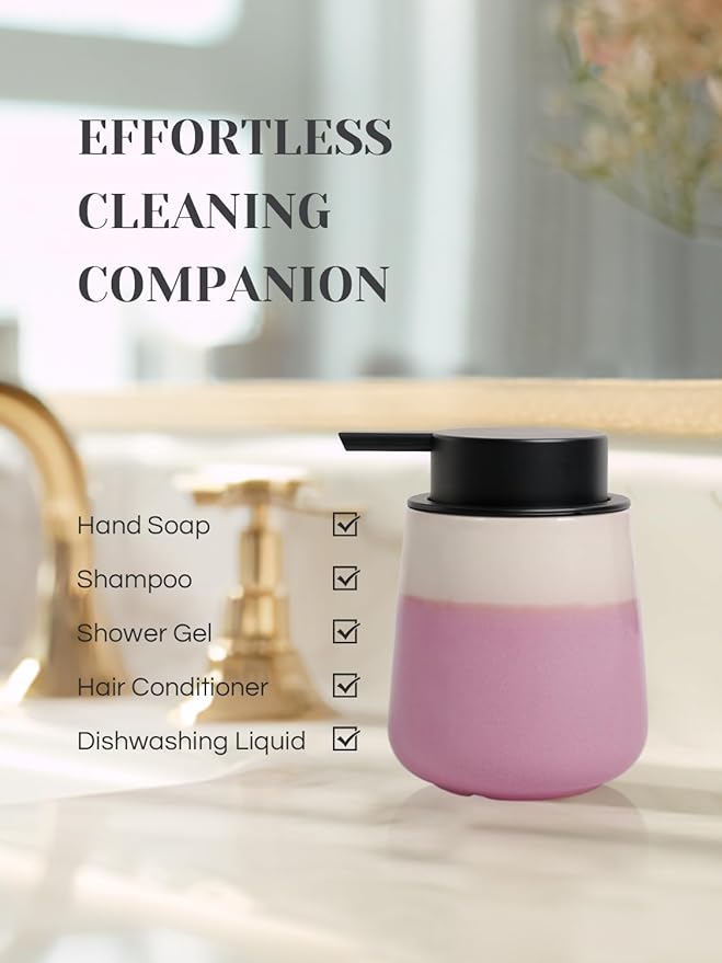 INGOFIN Ceramic Foaming Soap Dispenser - 12oz Foam Hand Soap Dispenser Bathroom, Refillable Modern Dish Dispenser with Pump for Kitchen, Beige and Pink
