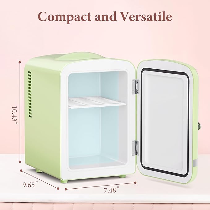 Xbeauty Retro Mini Fridge, Compact Refrigerator with 4L Capacity/6 Cans，Cooler & Warmer, Removable Shelf for Skincare, Beverages, Cosmetics, Perfect for Dorm, Bedroom, Green