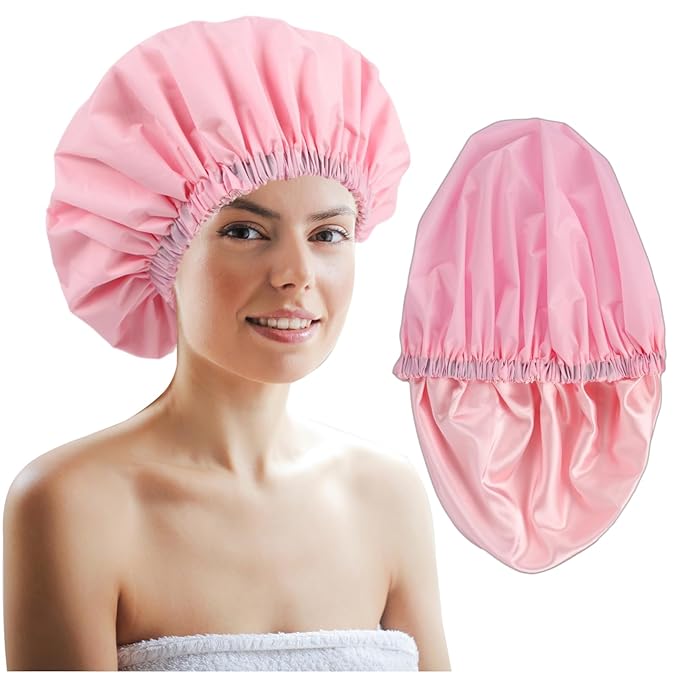 Adjustable Shower Caps for Women Reusable Waterproof Satin Lining Large Shower Cap for Women and Men Long Hair Braids Curly Hair (L,Pink/Pink)