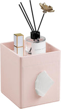 Tissue Box Cover, PU Leather Square Tissue Box Holder with Storage Tray for Bathroom Vanity Countertop Night Stands Bedroom Office Desk, Stylish Tissue Holder Decorative Organizer (Pink)
