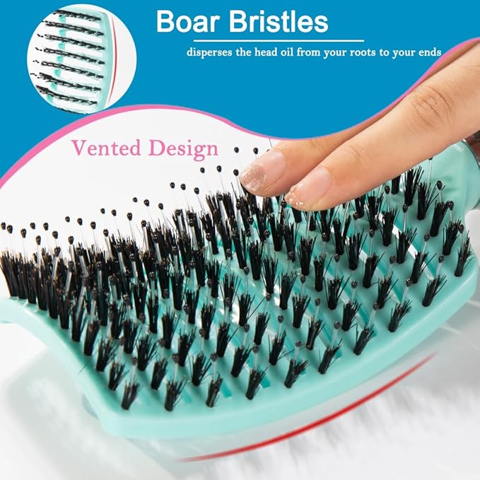 Boar Bristle Hair Brush Set - Dry/Wet Hair Brush Detangler for Fine, Thick, Curly Hair - Curved and Vented Hair Brush for Women, Men or Kids