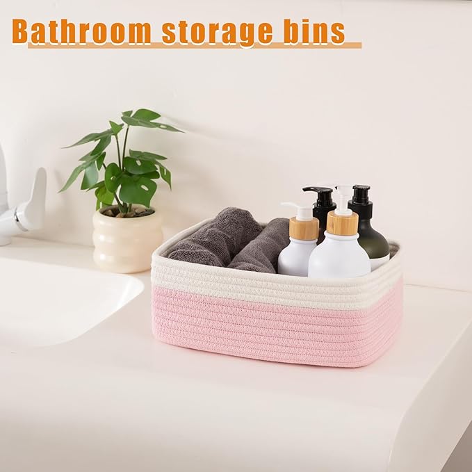OIAHOMY 4 Pack Storage Baskets for Organizing, Small Bins for Shelves, Cute Decorative Storage Bins, Organizer Baskets for Gifts Empty, 13.8''Lx9.8''Wx5.5''H, Pink/White