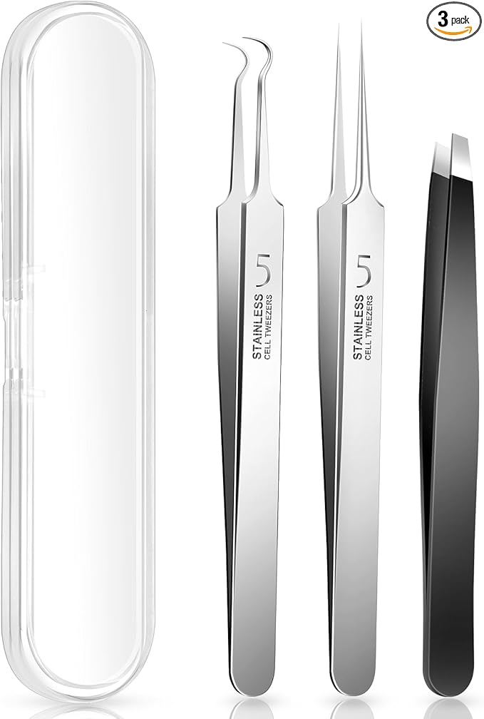 3PCS Blackhead Remover Tweezers, Pimple Popper Tool Kit with 2 Blackhead Extractor and 1 Ingrown Black Hair Tweezers for Blemish, Whitehead Popping,Facial Hair