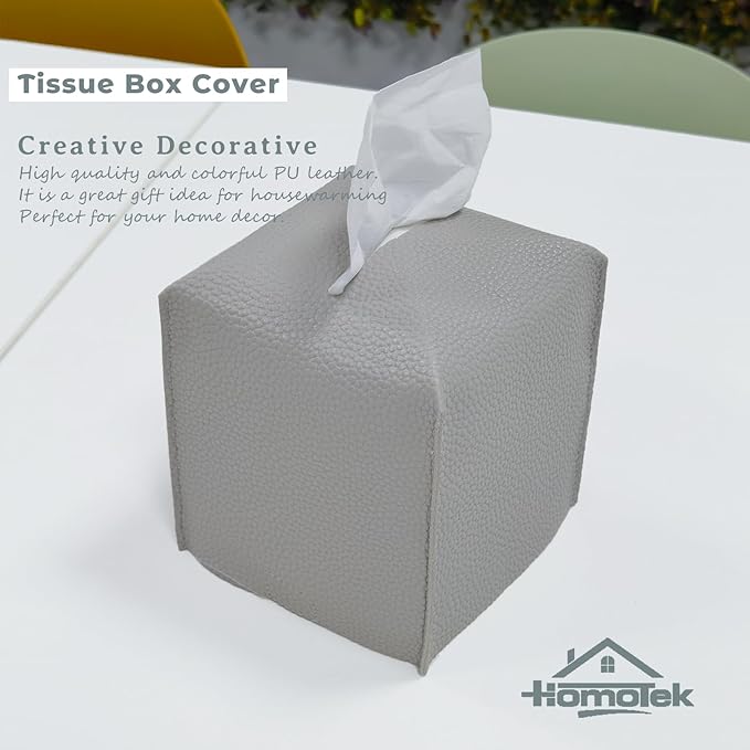 HOMOTEK 2 Pack Tissue Box Cover, Square PU Leather Tissue Holder, Decorative Facial Tissue Cube Paper Organizer Dispenser for Bathroom, Night Stands, Desk, Car 5X5X5'' - Light Gray, Pebble Grain
