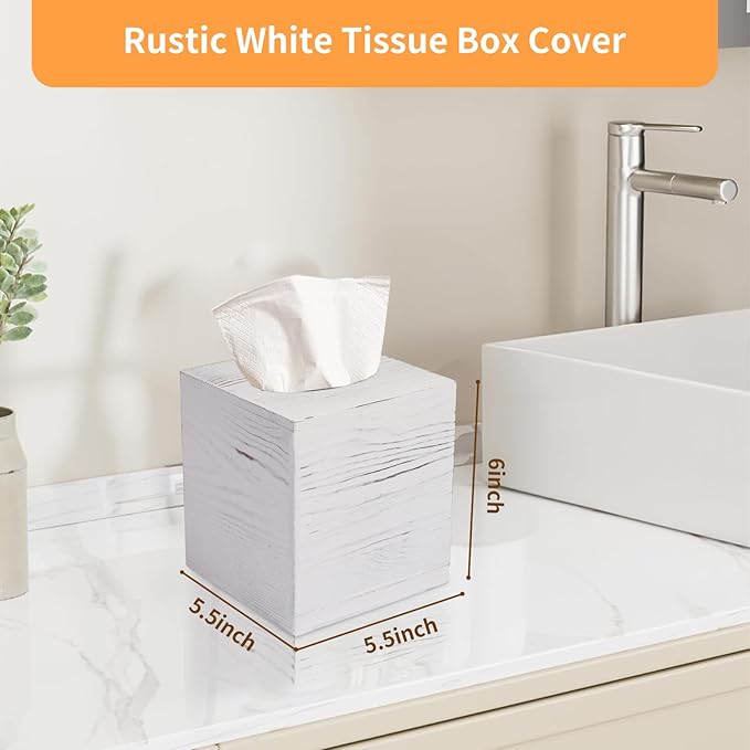 Tissue Box Cover Square, Rustic White Wooden Tissue Box Holder for Kleenex - Facial Tissue Holder for Bathroom, Bedroom, Office, Vanity