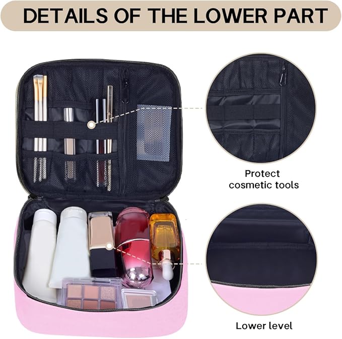 Double Layer Makeup Bag Portable Large Cosmetic Case Organizer with Adjustable Dividers Storage Travel Bag for Accessories Brushes Conditioner and Skin Care Products (Pink)