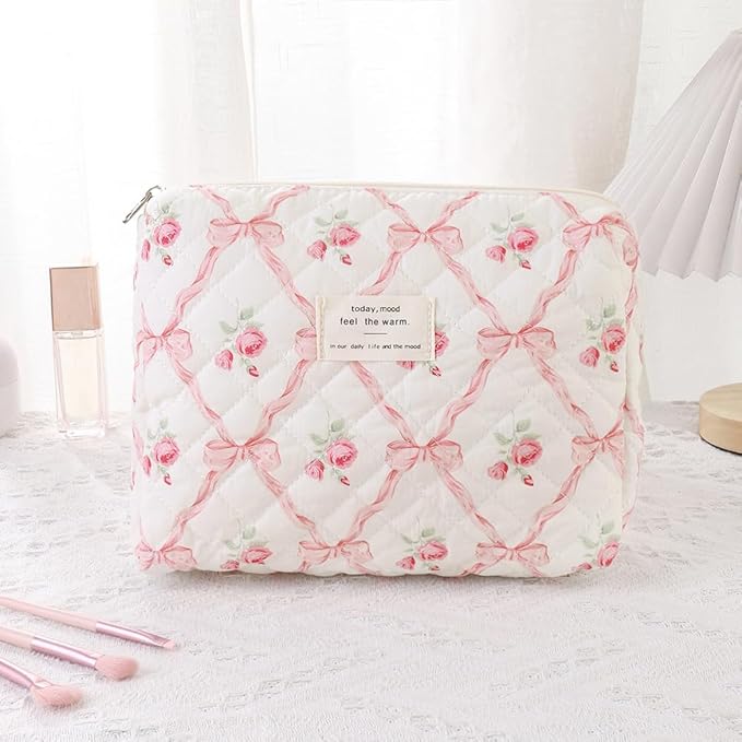 uekeboag Quilted Cotton Makeup Bag,Coquette Quilted Toiletry Bag for Women and Girls,Floral Coquette Pouch,Cute Kawaii Travel Cosmetic Bags(Pink Bow)