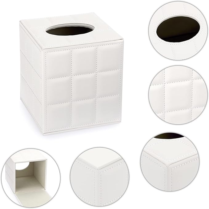 Sumnacon Square Leather Tissue Box Cover - Stylish Cube Tissue Box Holder with Magnetic Bottom, Decorative PU Tissue Box for Vanity Dresser Night Stand Table Countertop Home Office Car, Grid White