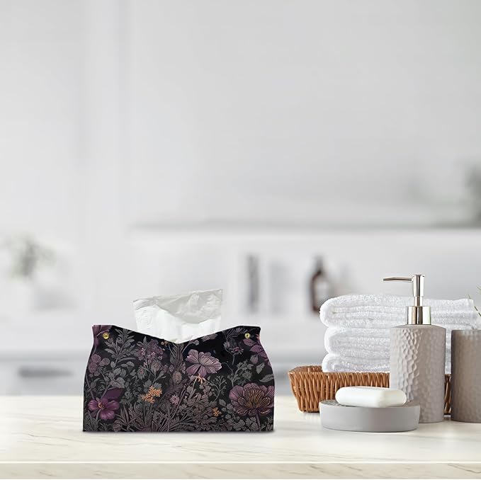 Black Floral Leather Tissue Box Cover Rectangle,Spring Flower Toilet Paper Box Holder,Cottagecore Decorative Facial Paper Case for Farmhouse Living Room Bathroom Kitchen Office,9.8x5.9x5.9