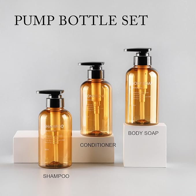3pcs Refillable Shampoo and Conditioner Bottles, 16.9oz/500ml Shampoo Conditioner Body Wash Dispenser for Hotel Bathroom, 3pcs Plastic Shampoo Bottles with Pump (Amber)