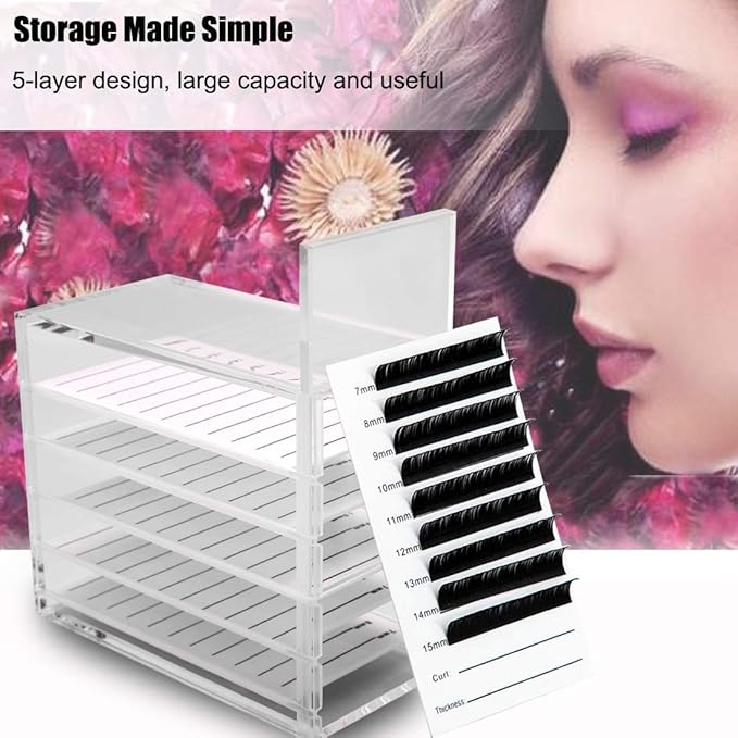 5 Layers Acrylic Clear False Eyelash Organizer Case, Cosmetic Makeup Storage Box for Grafting Lash Extension (Eyelash Box)