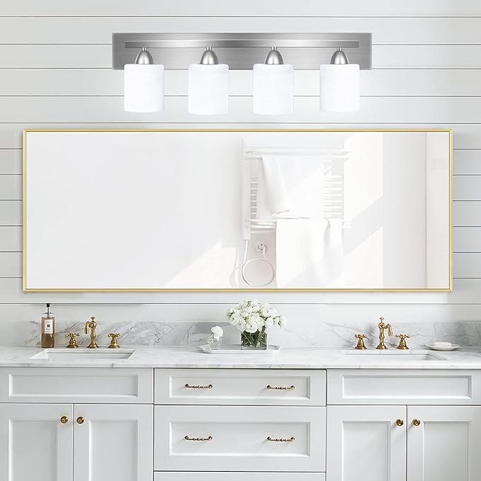 Bathroom Vanity Light Fixture, 4-Light Modern Bathroom Lights with Glass Shade, Brushed Nickel Bath Lighting Fixtures Over Mirror, Hollywood Style Interior Wall Sconce for Makeup Dressing Table