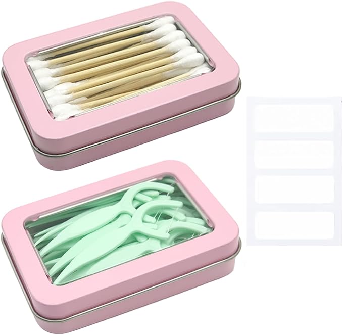 Cotton Swab Holder for Travel, 2 Pcs Portable Small Dental Floss Holder Empty Metal Cotton Ball Holder, Travel Floss Picks Case with Dustproof Lid for Cotton Swabs Hair Ties Floss, Pink