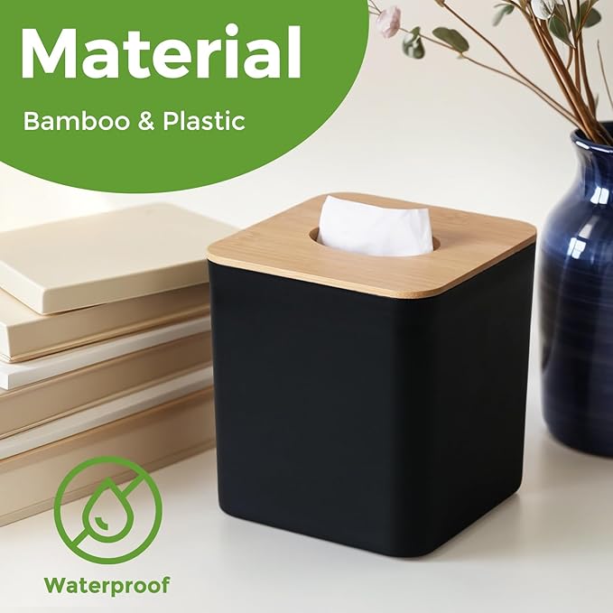 2 Pack Tissue Box Cover Square, Black Tissue Box Holder with Bamboo Cover Plate, Cube Decorative Tissue Box Cover Tissue Holders for Bathrooms