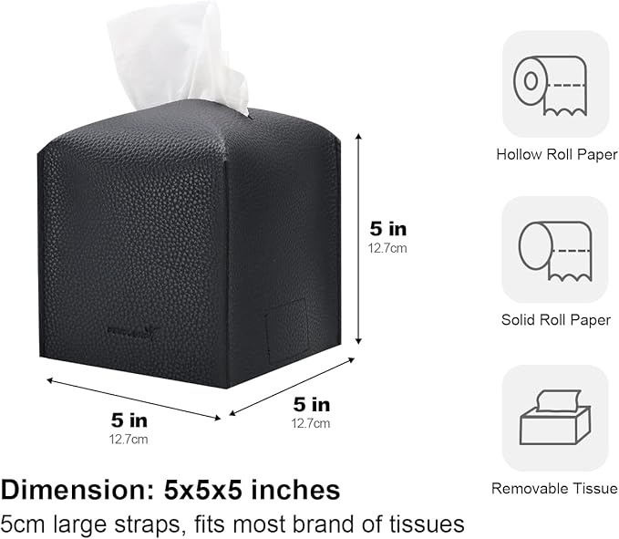 Tissue Box Cover 5X5X5'' PU Leather Tissue Holder Square Tissue Cube Box Organizer for Bathroom Vanity Countertop, Car, Night Stands, Office, Home, Kitchen (1Pack, Black)