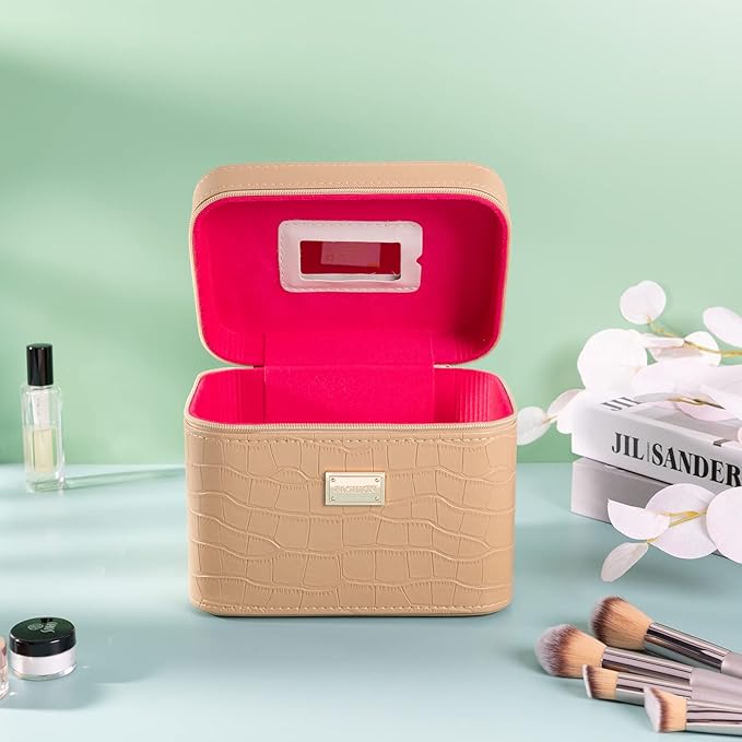 Fashion makeup box, Portable leather hard cosmetic case with mirror, Professional train case make up box for women adults. (Beige)