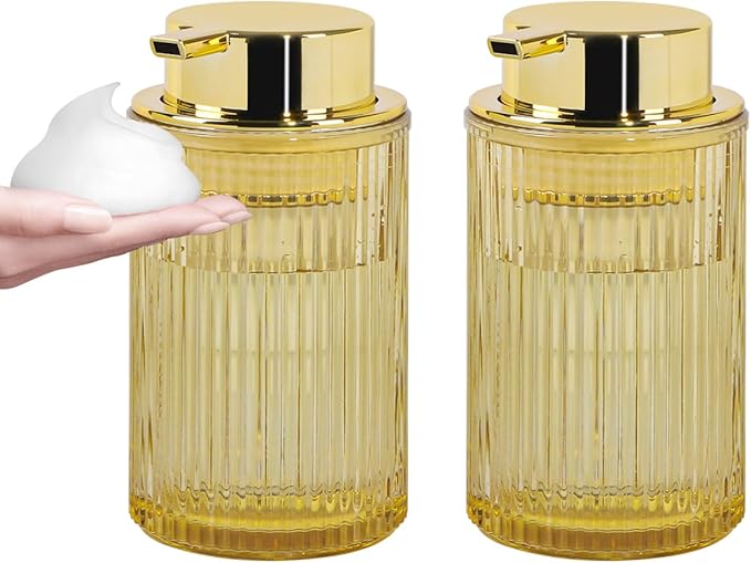 Foaming Soap Dispenser, 12 Oz Amber Glass Foam Hand Soap Dispenser, Refillable Glass Foam Pump Bottle Container Decorative Slim Ribbed Bottle for Bathroom and Kitchen