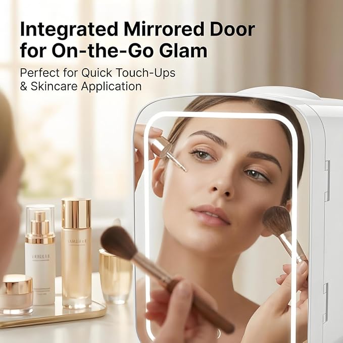 Lispin 4L Mini Skincare Fridge with Dimmable LED Mirror, Portable Beauty Refrigerator for Makeup, Cosmetic, Personal Small Refrigerator with Cooler and Warmer for Bedroom, Office and Car (White-4L)