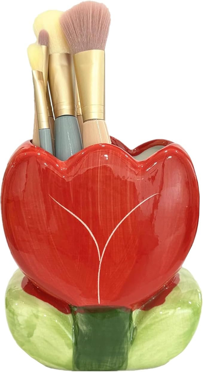 1 PC Ceramic Tulip Make up Brush Holder Flower Toothbrush Holder Cosmetic Storage Box Pen and Pencil Holder Desktop Organizers (Red)