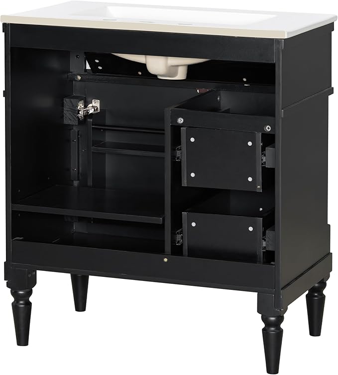 Harper & Bright Designs 30" Bathroom Vanity with Sink, Free Standing Bathroom Vanity Set with Flip Drawer, 2 Drawers, and Adjustable Shelf, Wood Storage Cabinet with Ceramic Basin for Bathroom, Black