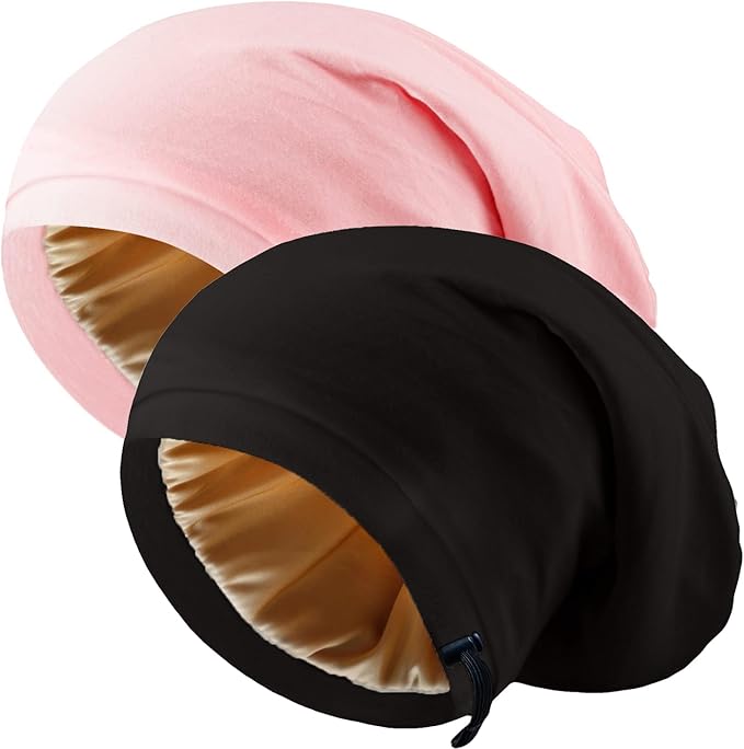 2 Pcs Adjustable Silk Hair Bonnet for Sleeping, Satin Lined Sleep Cap for Women and Men, Silk Hair Wrap Slouch Beanie.