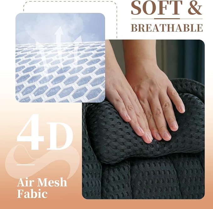 Bath Pillow for Tub, 4D Air Mesh Breathable Fabric, Soft Supportive Bathtub Cushion for Head Neck Back, Ergonomic Spa Pillow with Strong Suction Cups, Quick-Drying, Machine Washable (Black)