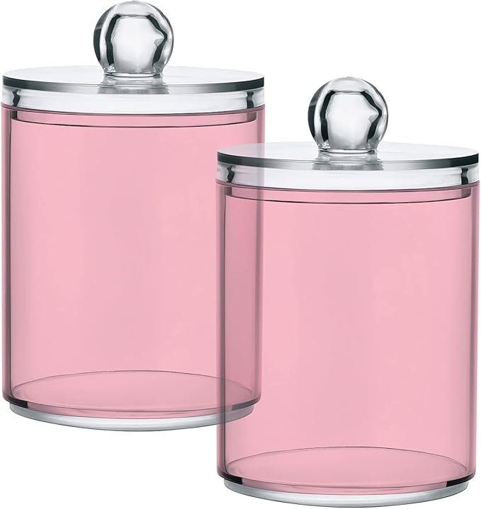 Pink Qtip Holder Organizer Dispenser Cotton Swabs Cans Plastic Jars with Lid Set 2 Pack Bathroom Storage Canister for Cotton Ball Floss Cotton Pads