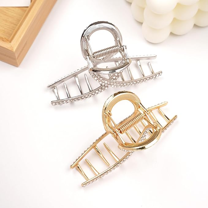 2 Pcs Medium Rhinestone Claw Clips For Women, Gold and Sliver Metal Elegant Hair Clip For Thick Hair, Girls Decorative Sparkly Dressy Hair Clips (Style 1)