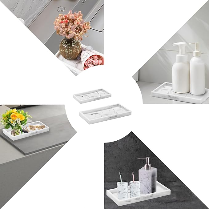 2 Packs Silicone Bathroom Vanity Tray Large 11.8" ＆ Small 7.8" Set - Rectangle Shatterproof Flexible Bathroom Tray for Soap Dispenser, Tissues, Candles, Towel, Plant, Perfume Key