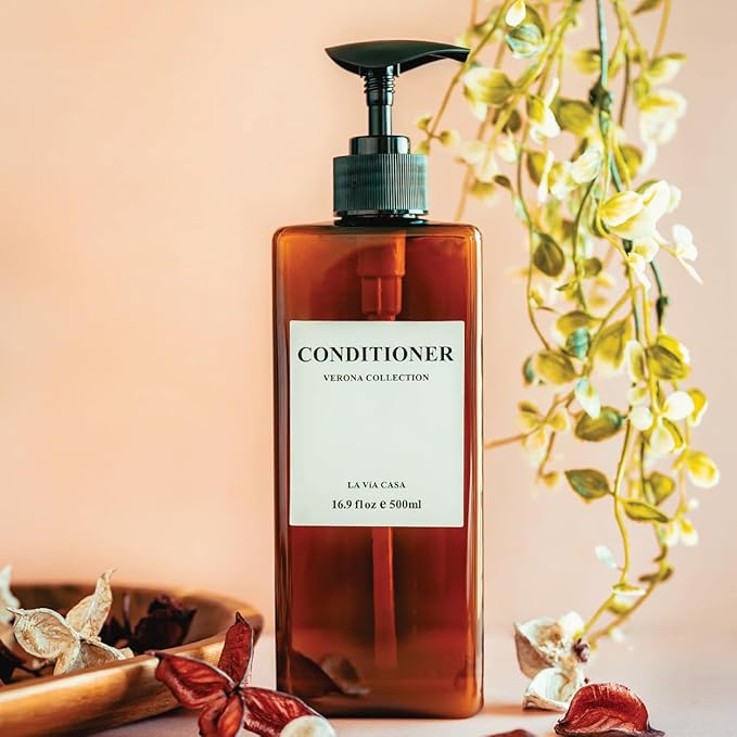 Shampoo and Conditioner Dispenser | 3 Plastic Amber | Shampoo Dispenser with Waterproof Labels | Shower Bottles Refillable with Pump (Without Wall Mount)