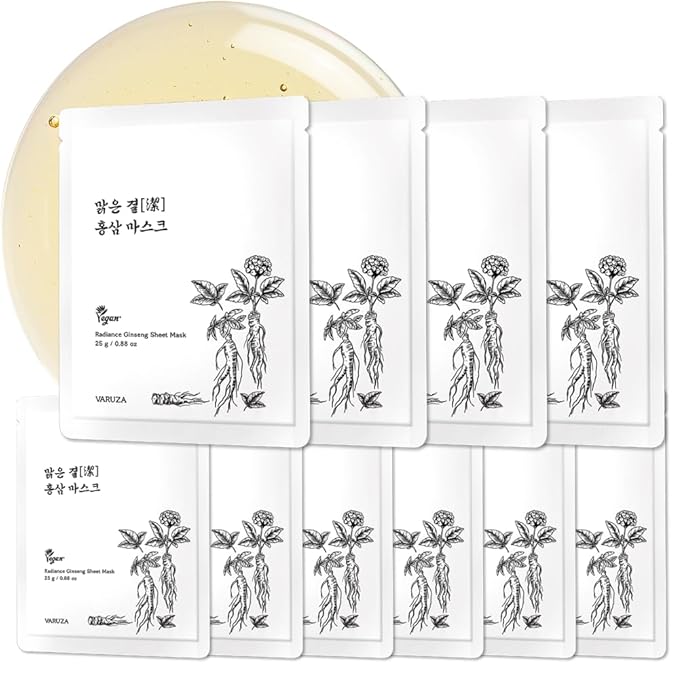 Radiance Ginseng Sheet Masks - Hydrating Face Masks for Healthy and Strengthening Skin Barrier - Vegan, Cruelty Free Korean Face Mask