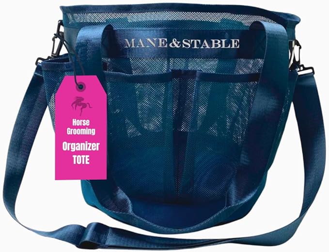 MANE & STABLE Horse Grooming Bag – Hanging Royal Blue Mesh Tote with 8 Pockets & Spacious Compartment | Quick-Drain Design for Barn, Trailer & Wash Rack
