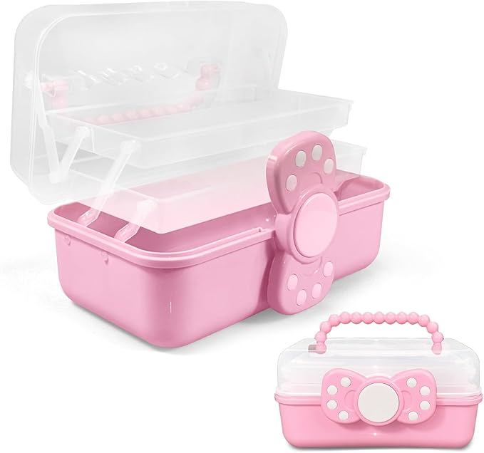 10.6in 3-Layer Multipurpose Storage Box Art Craft Organizer Storage Box Kids Clear Plastic Portable Storage Box/Tool Box with Handle for Sewing,Cosmetic,Medicine,Nail,Hair Accessories (Pink)