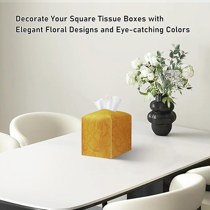 Tissue Box Holder Cover Square Tissue Cube Cover PU Leather Tissue Organizer with Bottom Belt for Bathroom, Tabletop, Kitchen, Night Stands, Office, Home, Car (2, RetroYellow)