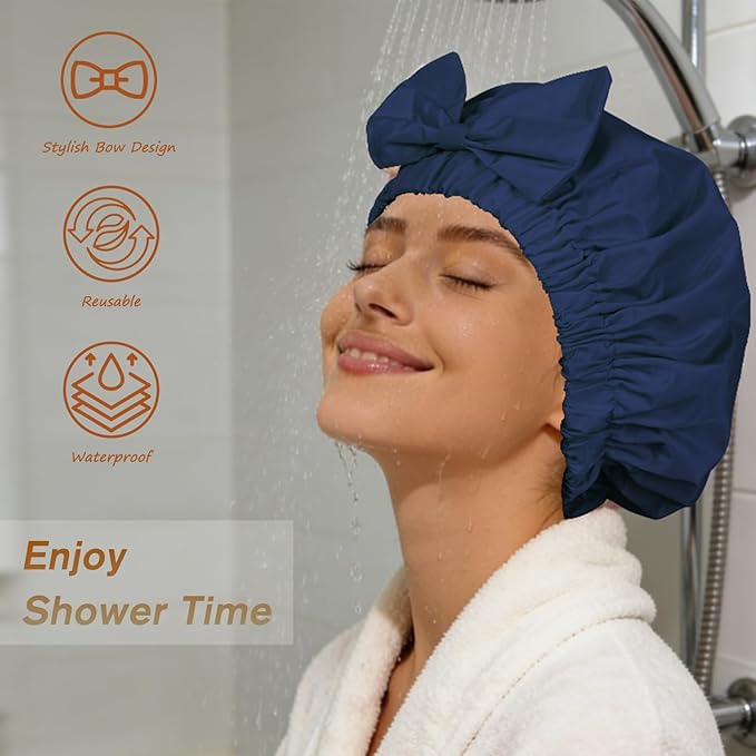 Reusable Shower Cap for Women with Stylish Bow, Non-Slip Waterproof Anti Humidity Bathing Cap, Roomy Anti Frizz for Short Medium Straight Wavy Hair, Soft Elastic & Machine Washable, Navy Blue