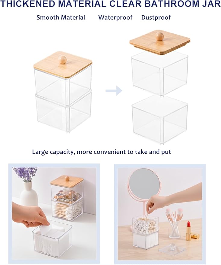 Cotton Swab Holder with Bamboo Lid, Clear PS Qtip Container, Double Layer Stackable Bathroom Organizer for Cotton Balls & Pads, Vanity Storage, Dorm Room Essentials, Small Space Decor