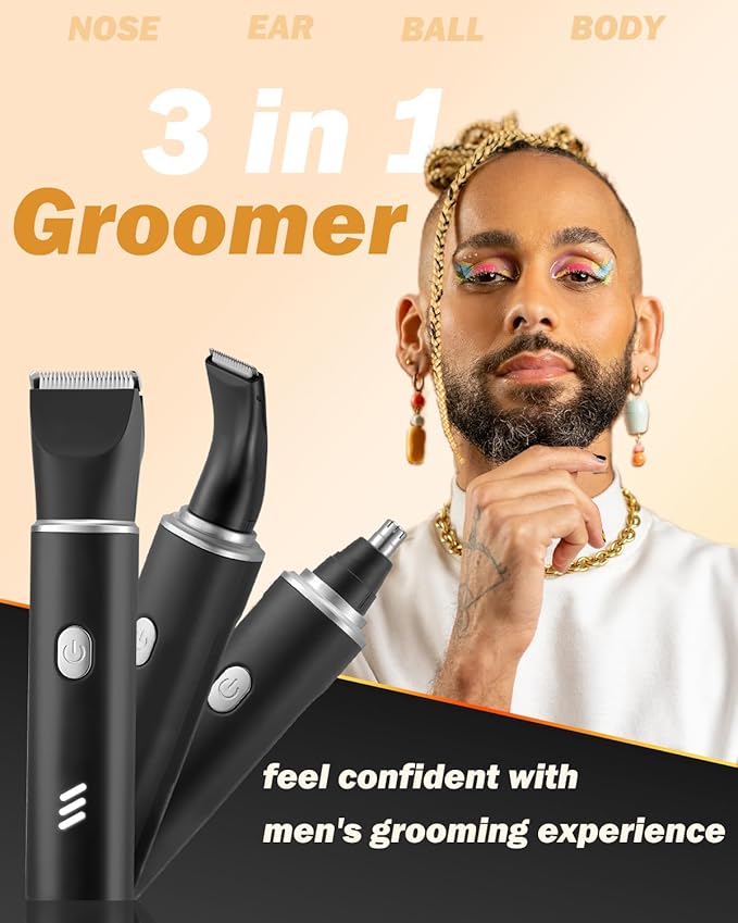 Body Hair Trimmer for Men-Manscape 3 in 1 Electric Razor Groin Groomer,IPX7 Waterproof,Versatile Hair Trimmer for Ball/Pubic/Chest/Beard/Nose,USB-C Rechargeable,Gifts for Him Dad,BlackSilver