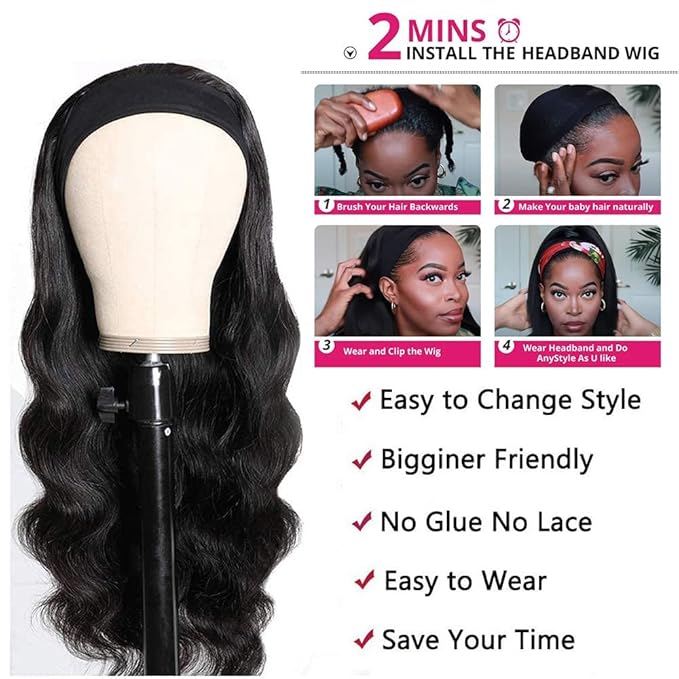 XSY Headband Wig Human Hair Body Wave Headband Wigs for Black Women Brazilian Glueless None Lace Front Wigs Wear and Go Half Wigs 150% Density Natural Color 22 Inch