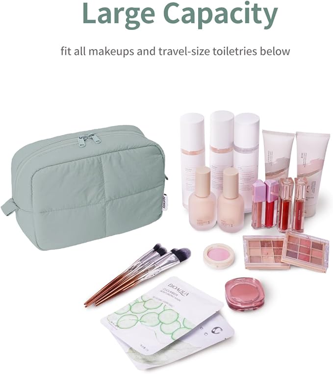 Narwey Makeup Bag Travel Toiletry Bag for Women Girls, Puffy Cute Cosmetic Bag Organizer Make up Bag with Compartments (Sage Green)