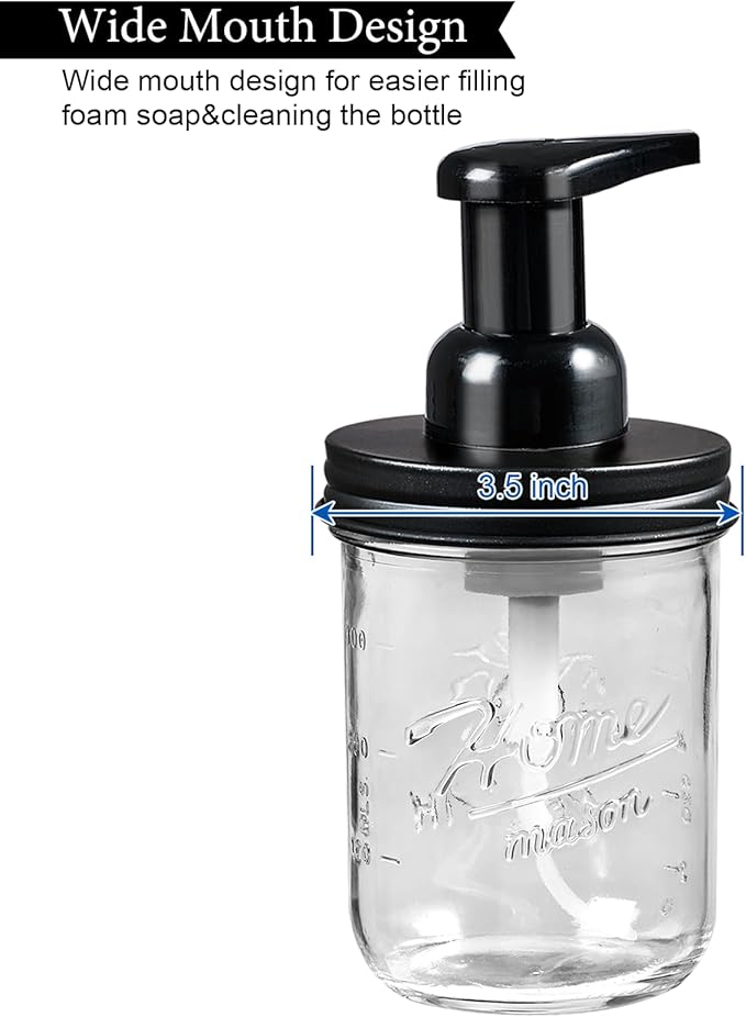 SheeChung Mason Jar Foaming Soap Dispenser, Glass Foaming Hand Soap Dispensers, Stainless Steel Lid, Refillable Foam Soap Dispenser for Bathroom Kitchen, Farmhouse Bathroom Decor (2 Pack, Black)