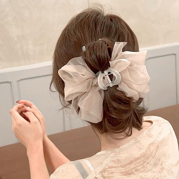 RUIYDZ Hair Clip, Light Coffee Chiffon Bowknot Hair Claw Clips for Thick Hair, Large Claw Clips for Women, Elegant Hairclips, Hair Accessories, Hair Clips for Girls