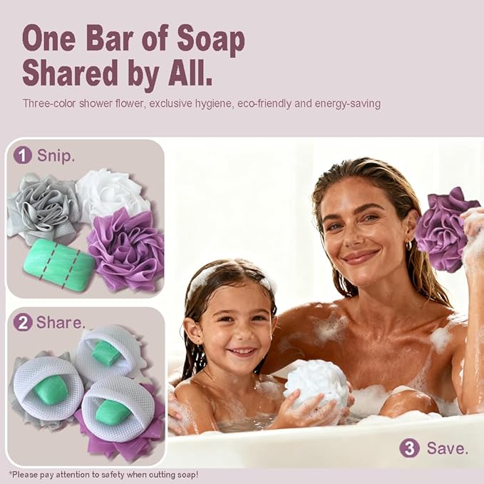 3 Pack Bath Loofah Shower with Soap Bags, Dual-Use Exfoliating Bath Sponges Soap Saver for Women & Men, Gentle Body Scrubber (White, Gray, Purple)
