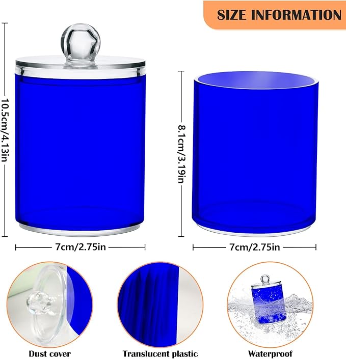 Blue Qtip Holder Organizer Dispenser Cotton Swabs Cans Plastic Jars with Lid Set 4 Pack Bathroom Storage Canister for Cotton Ball Floss Cotton Pads