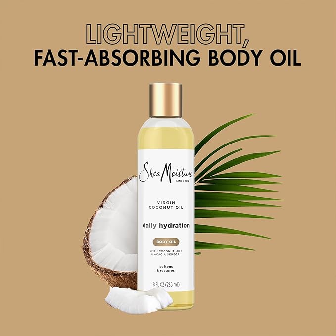 SheaMoisture Body Oil, Daily Hydration 2-Pack – Lightweight, Non-Greasy Moisturizer with Virgin Coconut Oil for Soft, Smooth Skin, 8 Oz Ea