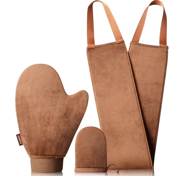 3-Pack Self Tanning Mitt Set Include Self Tanner Back Applicator with Velvet Soft Texture and Elastic Cuff Design - Perfect for Back, Legs & Full Body Application, Streak-Free Sunless Tanning at Home