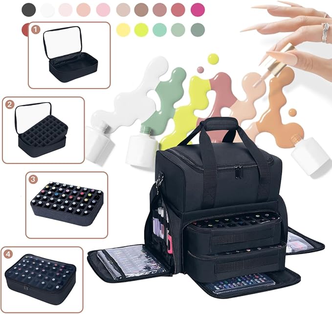 Nail Polish Organizer Case Holds 80 Bottles (15ml - 0.5 fl.oz) and a Nail Lamp,Nail Polish Case with 2 Removable Bags and Tools Storage Sections Black
