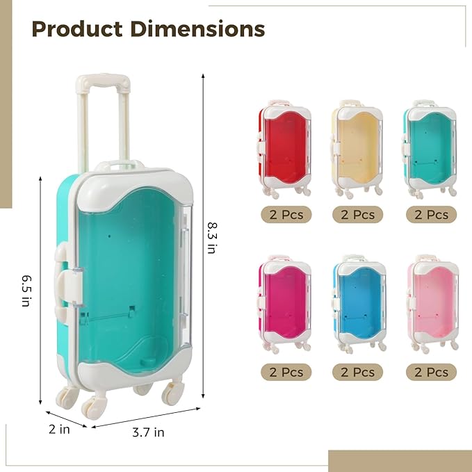 12 PCS Mini Suitcase Party Favor Boxes, Assorted Color Luggage Trolley Candy Box, Clear Small Suitcase Present Package Case, Rolling Empty Storage Box for Jewelry False Eyelash